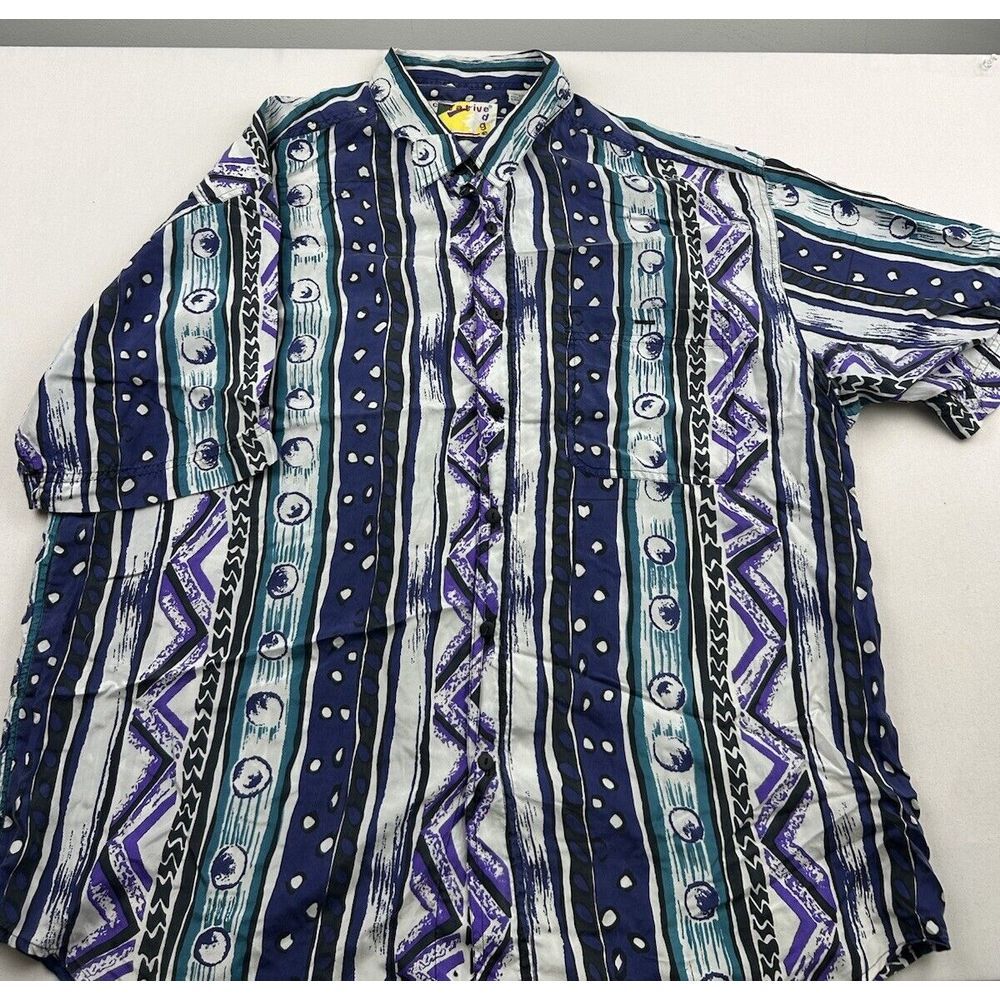 Vintage Creative Edge 100% Silk Shirt Mens XL Geometric Teal Purple Short Sleeve